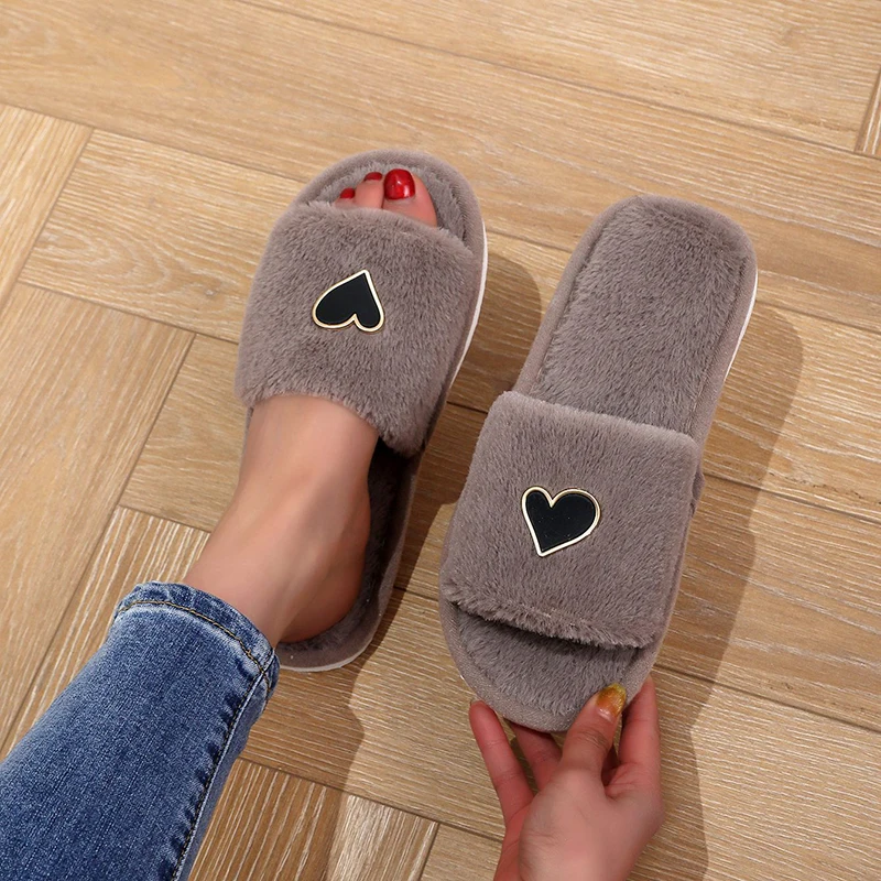 Love Fluffy Slippers Women Home Autumn Winter Plush Heart Designer Shoes Girls Indoor Fuzzy Fur Slides Soft Non-Slip Lightweight