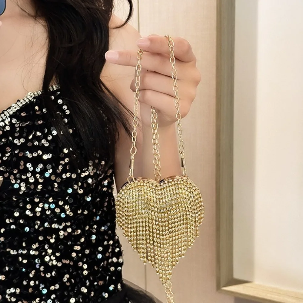 

Casual Rhinestone Tassel Dinner Bag Acrylic Korean Style Banquet Chain Bag Single Shoulder Heart Shaped Lipstick Bag Girls