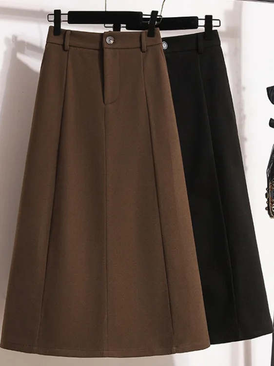 

High Waist A-Line Midi Skirt for plus Size Women Fashionable Woolen Half-length Spring New Style Versatile Mid-length Long Skirt