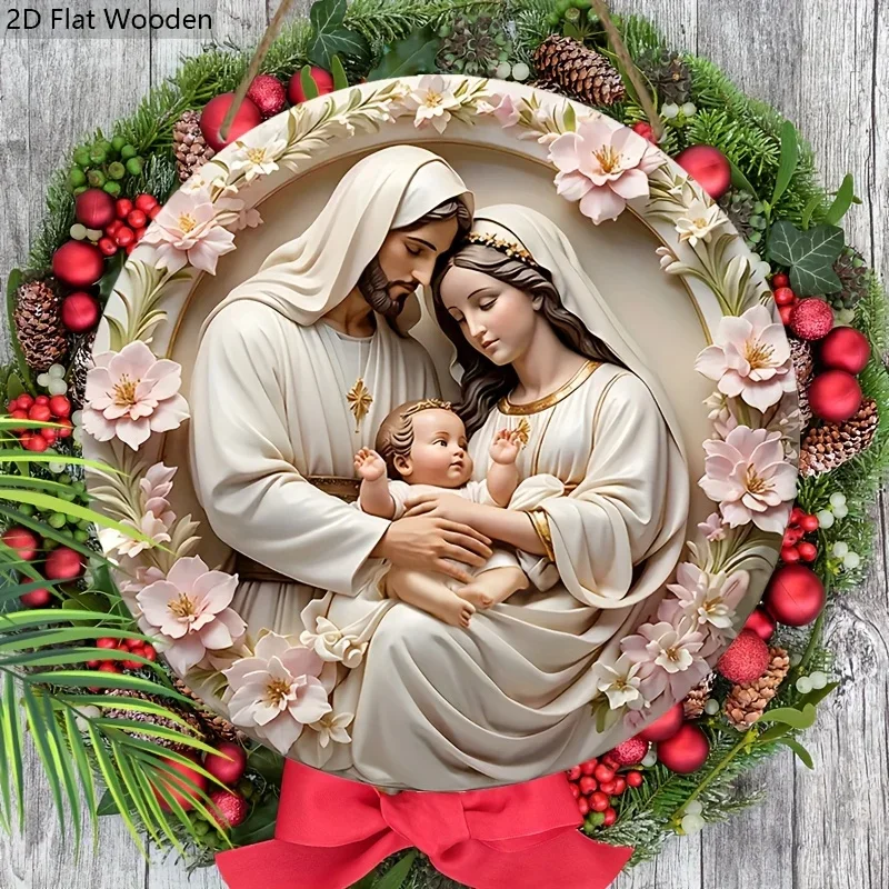 2D Flat, 2D Flat Nativity Scene Pink Wooden Sign - 1pc Pink Flower Wreath Jesus Round Sign for Front Door Wall Hanging Decor Ide