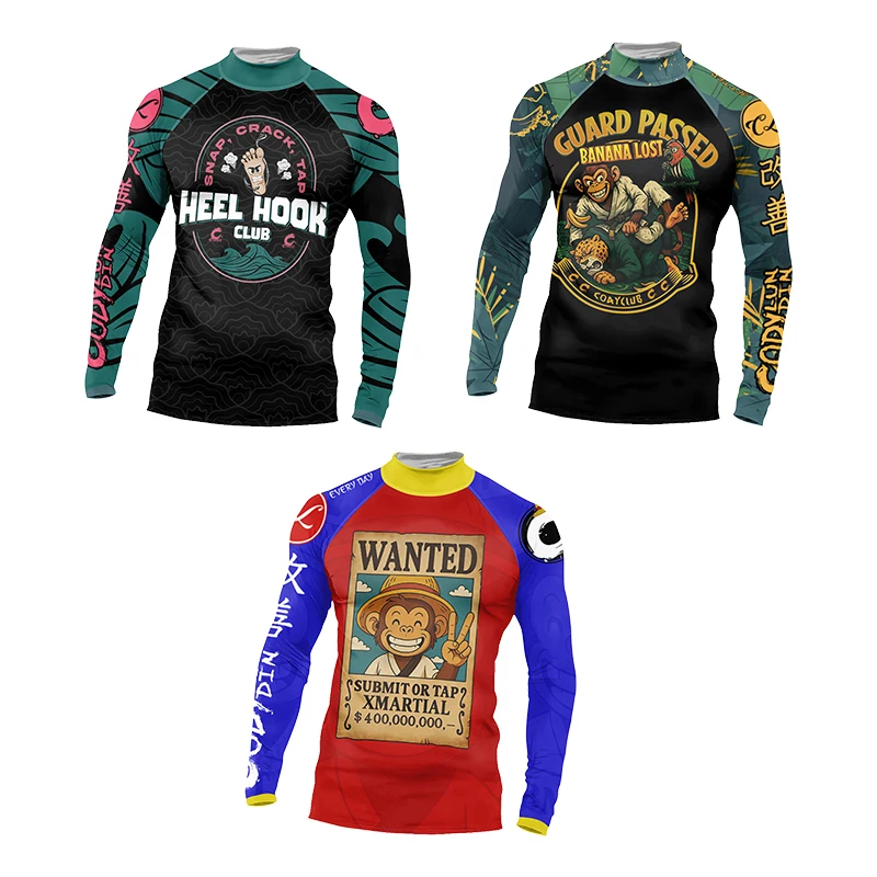 Cody Lundin Men's MMA BJJ Rash Guard Long Sleeve Compression O-Neck Printed Quick Dry Grappling Boxing Gym Training Sport Shirt