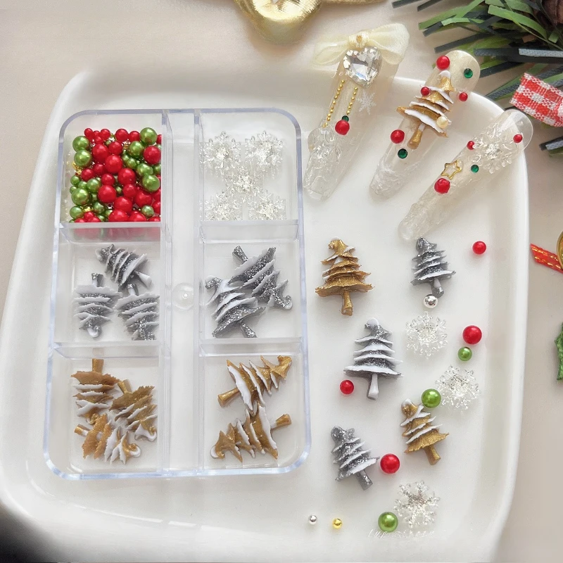 6-delige kerst nail art accessoire set 3D kerstboom nagel tops transparante sneeuwvlok hars nagel studs kleine decoratieve stukken