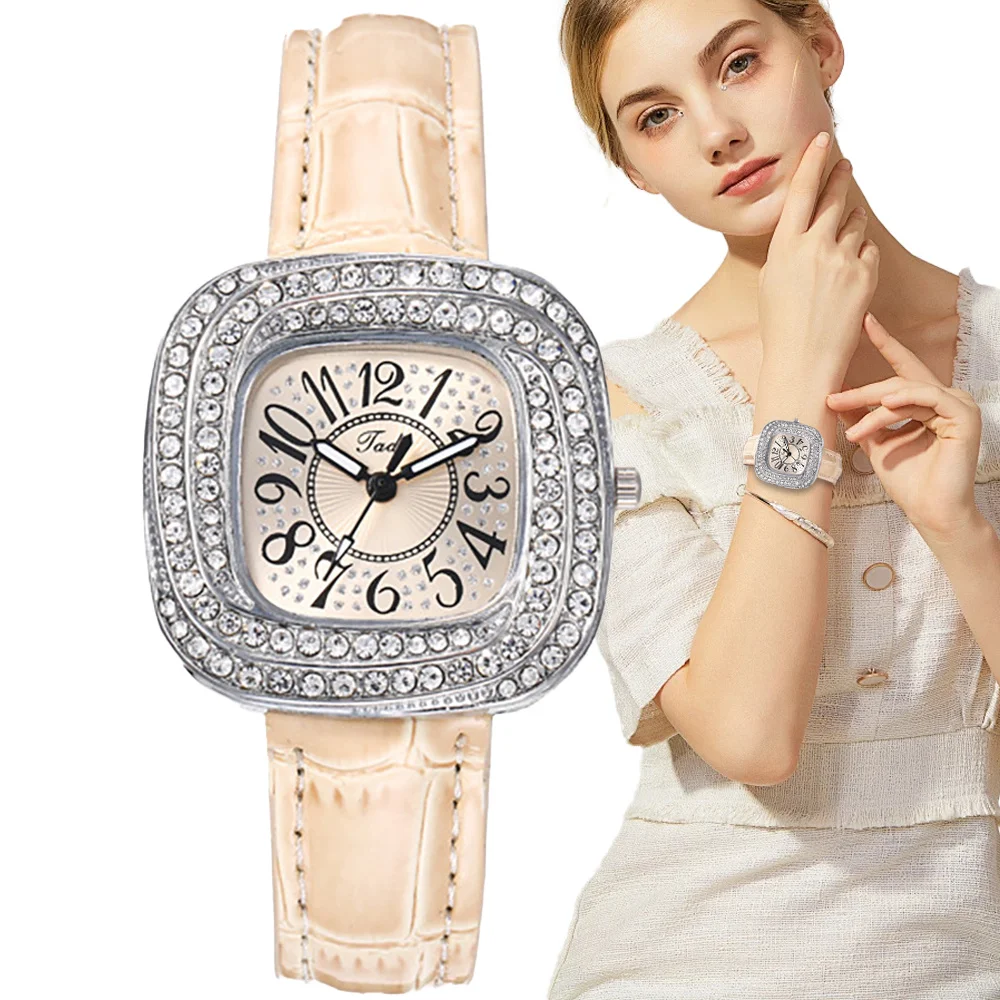 Luxury 2024 Full Star Diamonds Ladies Silver Case Digital Quartz Watch Fashion Beige Leather Women\'s Dress Clock Wristwatch