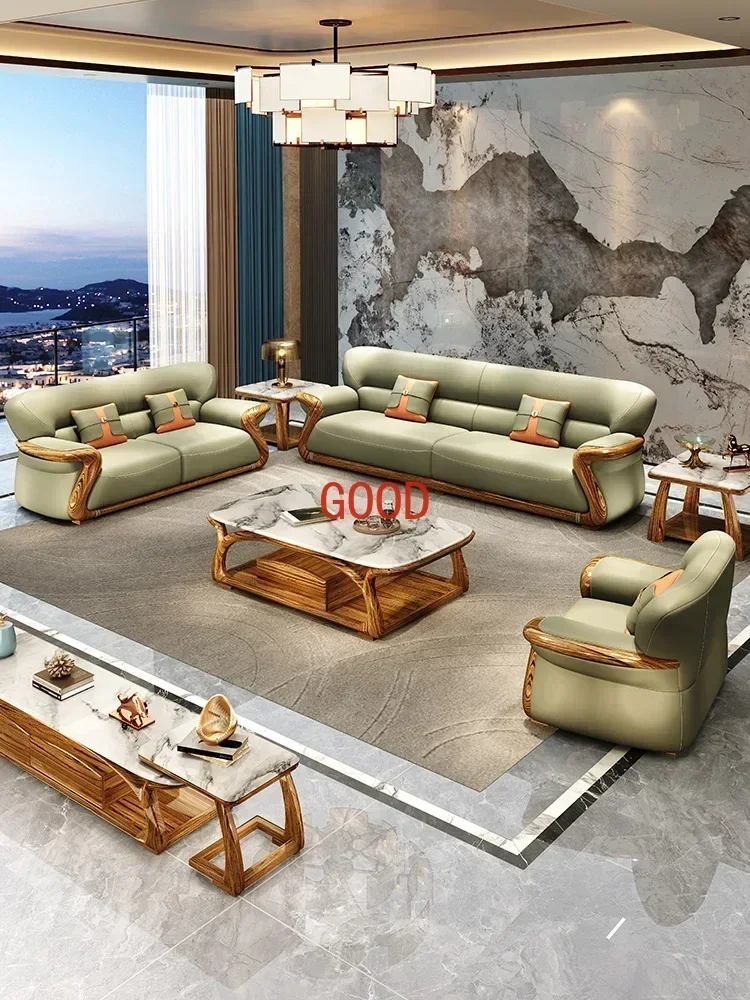 TAO New Chinese Style Ugyen Wood Leather Art Sofa Villa Living Room First Layer Cowhide Combination