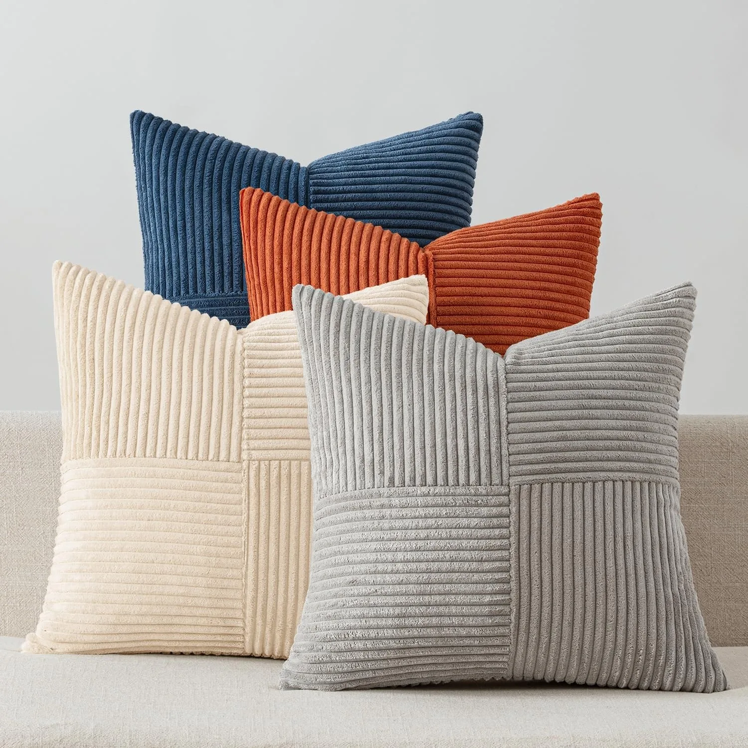 Blue Rust Throw Pillow Covers 45x45CM Boho Farmhouse Cushion Cases Soft Corduroy Nordic Corduroy Pillow Cases Patchwork Home