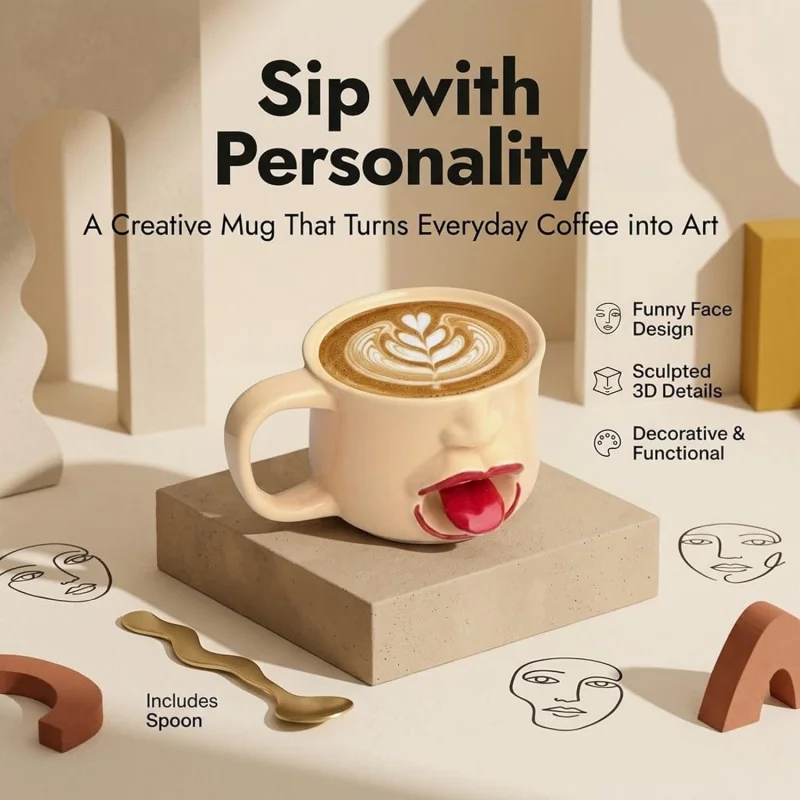 1 Pcs Funny Drinking Glass Niche Bone China Ceramic Coffee Mug With Spoon Mischievous Abstract Expression Cappuccino Latte Mug