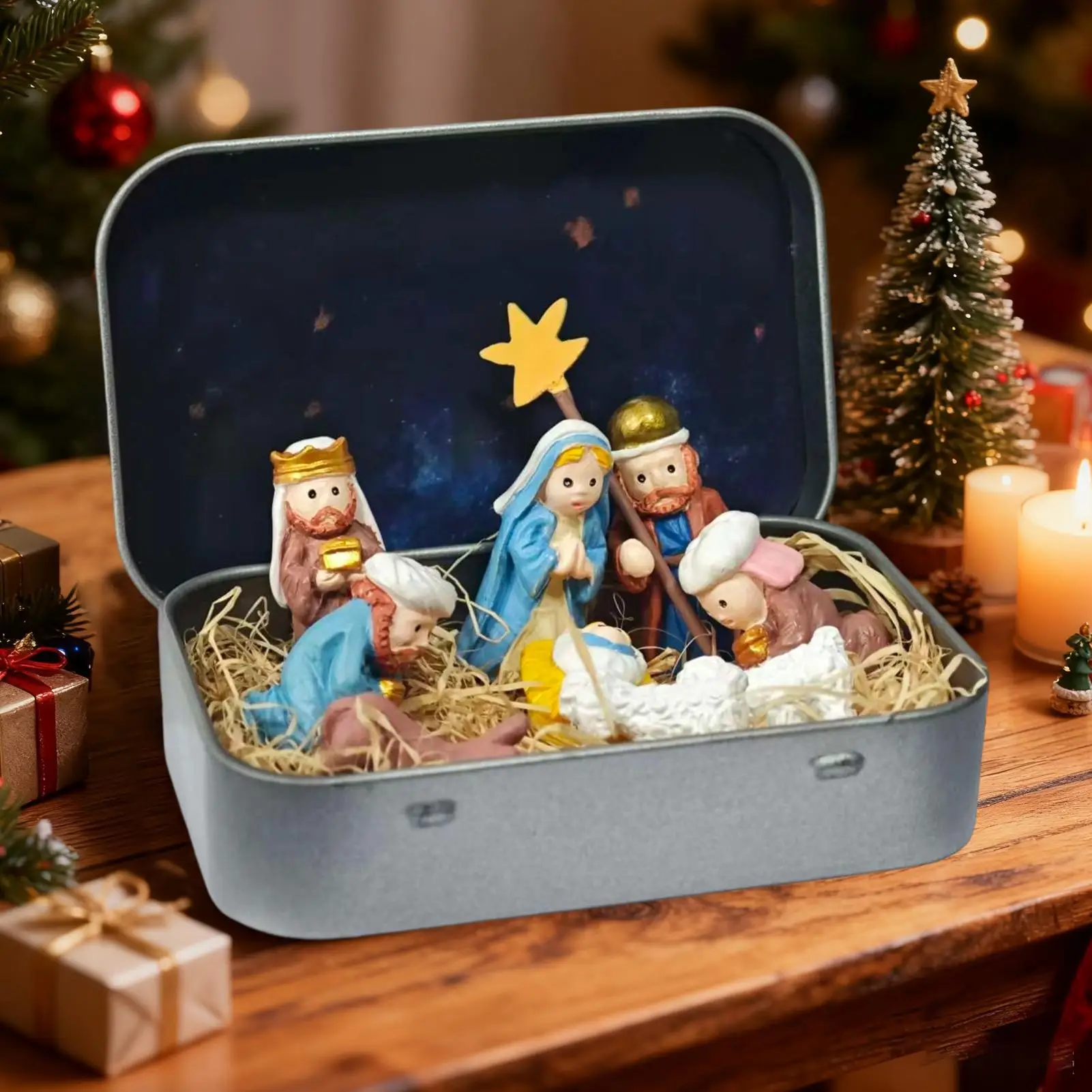Tin Nativity Set Small Decorative 3D Religious Holy Figurines Holy Family Christmas Religious Decoration for Desk Shelf Office