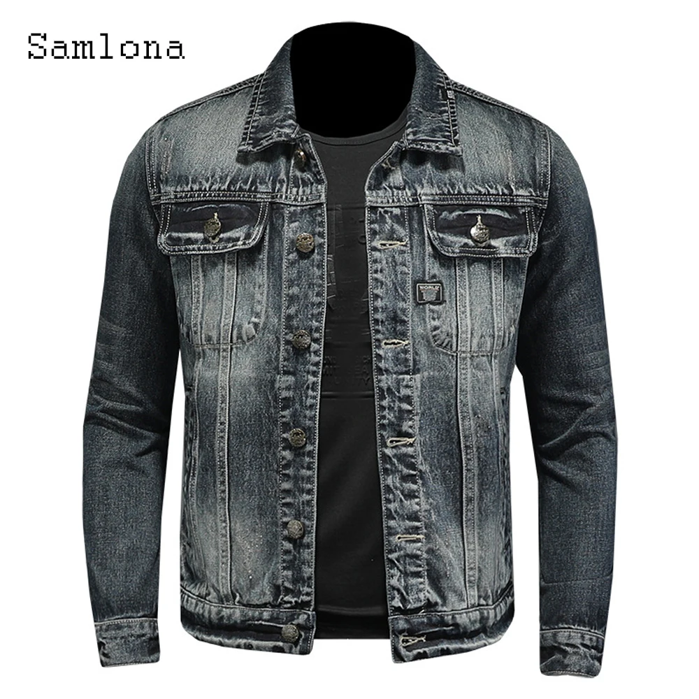 2022 New Spring Fashion Denim Jackets Slim Fits Lattice Jean Denim Jacket Plus Size Men Button Pocket Coats Sexy Mens Clothing