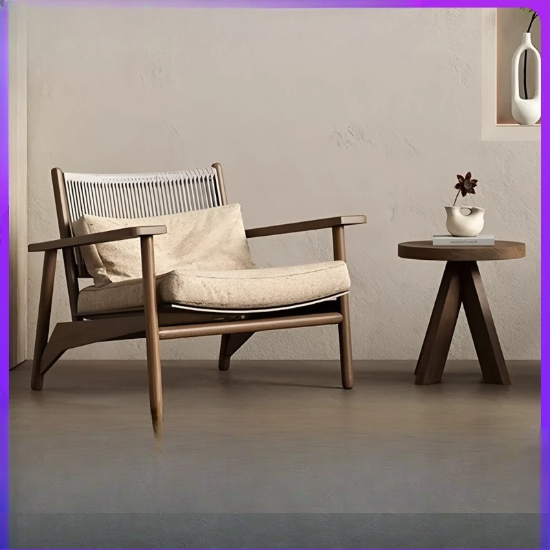 

Light luxury rattan outdoor sofa chair single balcony, wabi-sandy wind solid wood sofa coffee table combination homestay