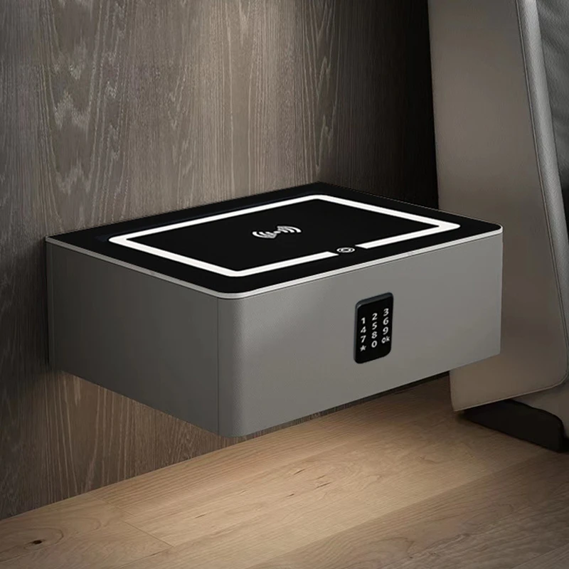 طاولة سرير ذكية لاسلكية USB شحن طاولة ليلية خشب رمادي منضدة عائمة معلقة على الحائط