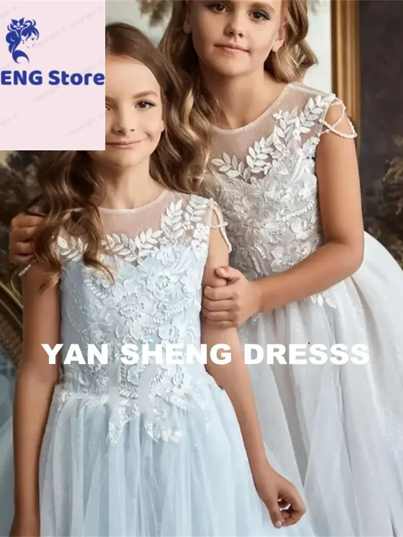فستان فتاة الزهور المخصص للفتيات أول مناولة مقدسة بيضاء منفوشة لحفلات الزفاف فستان القربان المقدس حضور الأميرة الدانتيل مساءً