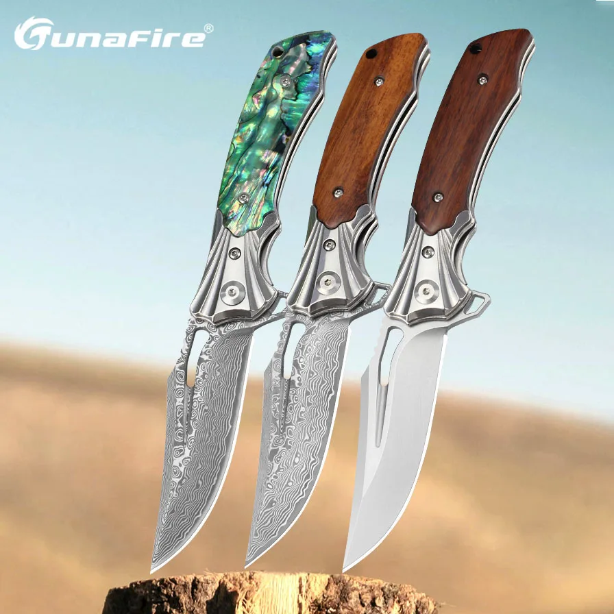 Tunafire Damascus VG10 Knives Tactical Hunting Pocket Folding Knife with Clip EDC Self Defense Knife for Men