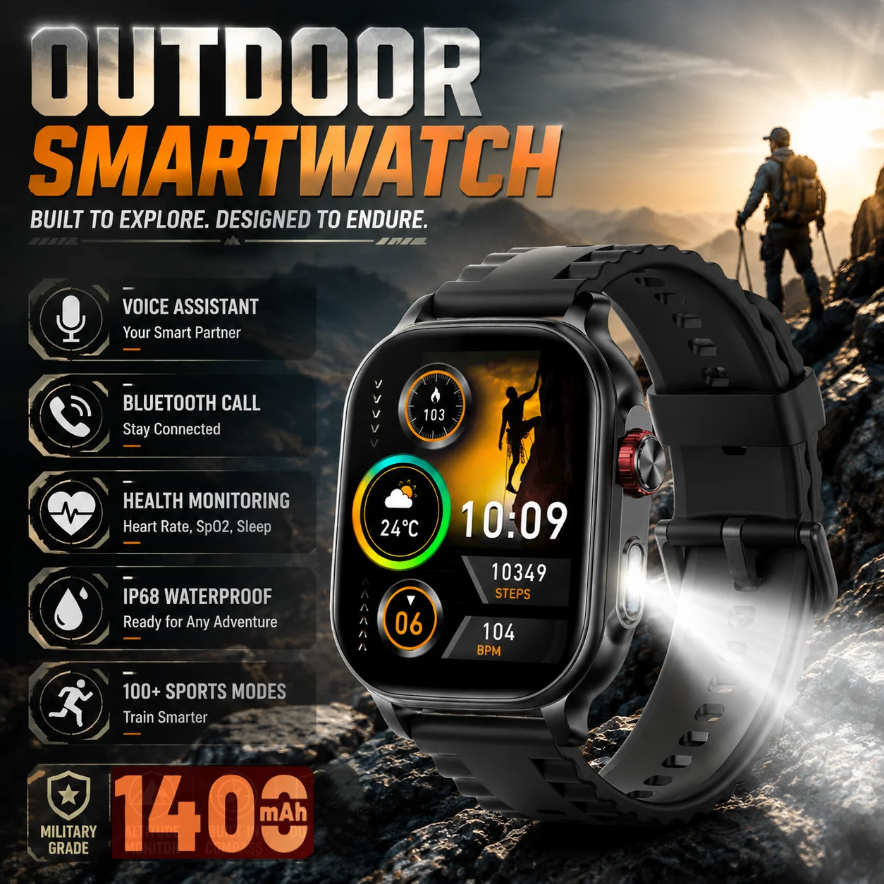 New 1400mAh Big Battery Smart Watch Men Outdoor GPS Flashlight IP68 Waterproof Bluetooth Call AMOLED Military Sports Smartwatch