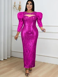 Women Fuchsia Glitter Formal Evening Party Dress O Neck Mesh Long Puff Sleeve Clssy Sheath Christams Wedding Gowns Plus Size New