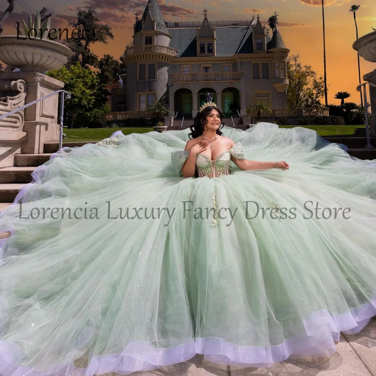 Messicano 2024 verde abito Quinceanera abito da ballo con spalle scoperte dolce 15 16 3D Applique floreale corsetto con perline Vestidos De 15 aecos