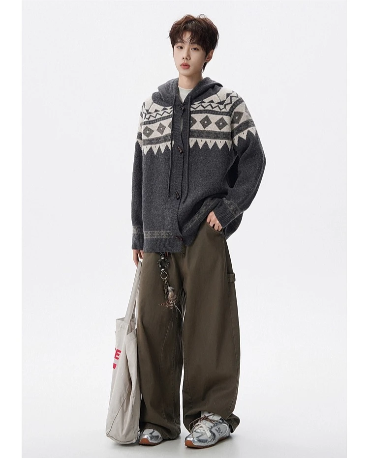 2025 Autumn and Winter New Hot Sale Men's Retro Jacquard Loose Casual Daily Gray Horn Button Hooded Knitted Cardigan