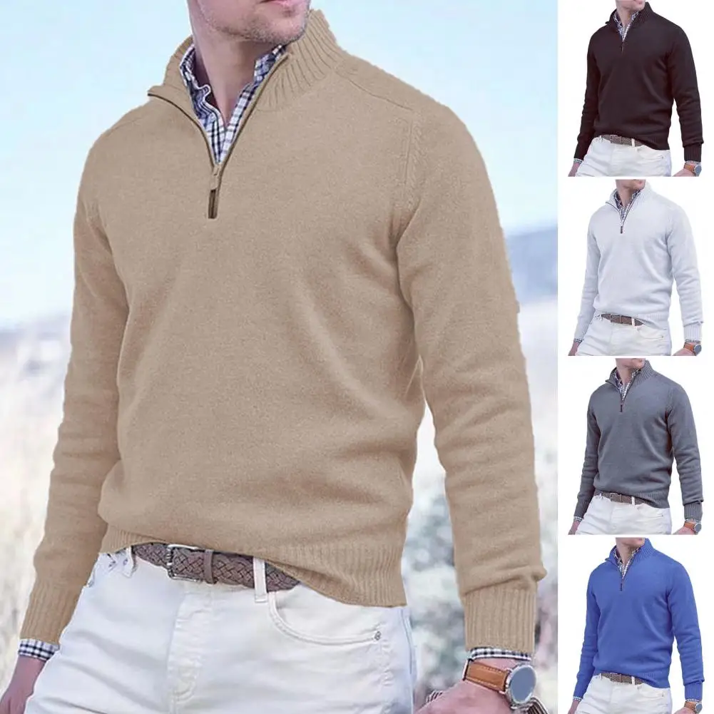 Sweater pria lengan panjang, Sweater ritsleting setengah Turtleneck lengan panjang, atasan rajut tebal hangat warna Solid Pullover musim gugur/musim dingin