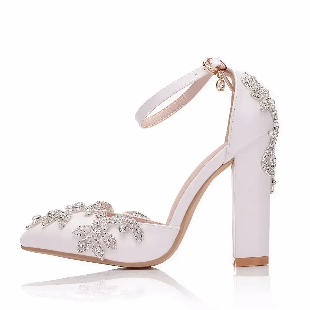 2024 Thick Heel Pointed Toe Shoes Large Size  Thick Heel Sandals Women Rhinestone Wedding Shoes Women White Wedding Shoes Drill