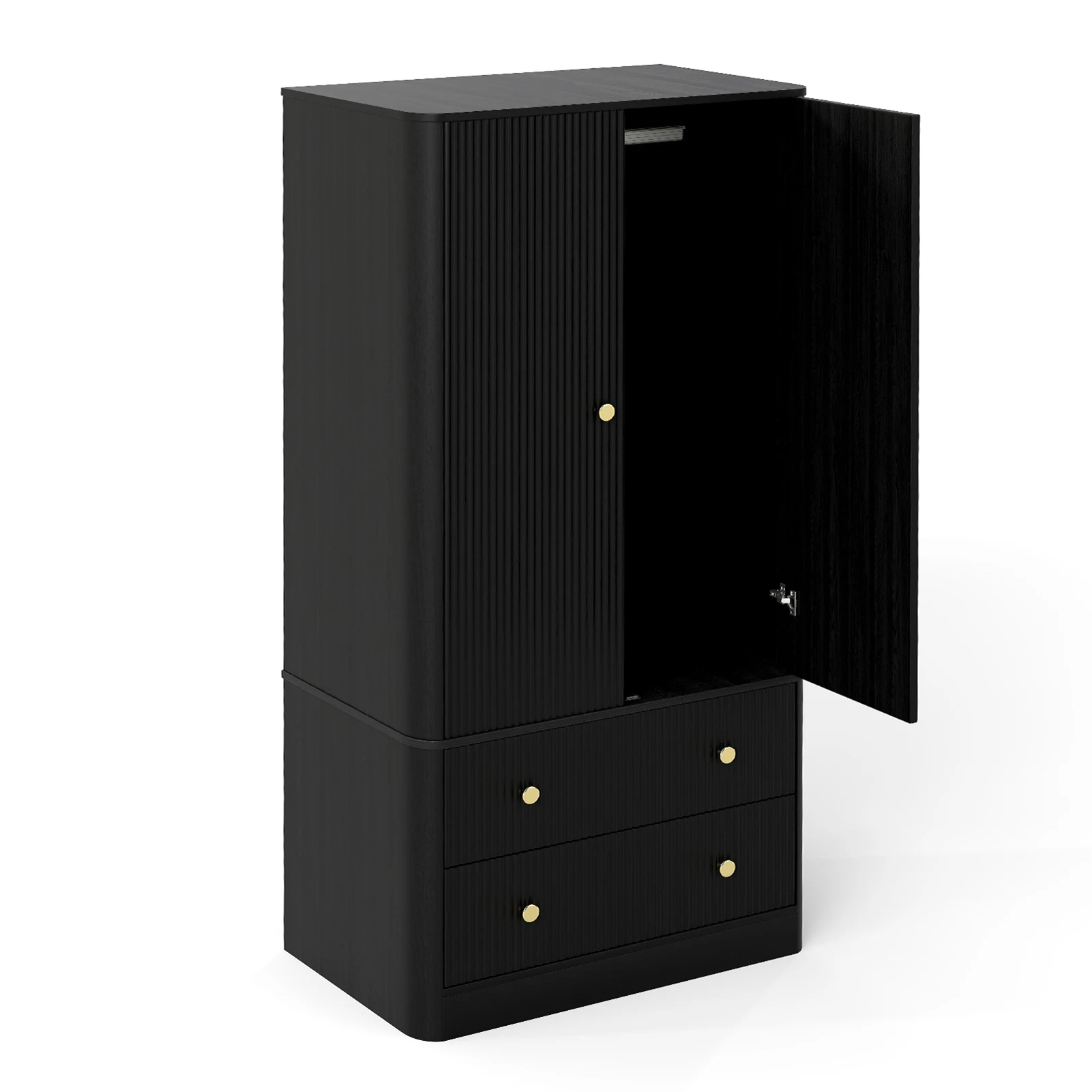 

2025 2-дверный 2 ящика Черный деревянный шкаф для одежды Отдельно стоящий шкаф для хранения