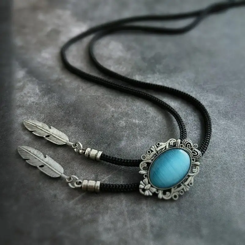 Western Cowboy Vintage Antique Stone Bolo Tie Adjustable Braided Rope Necktie Feathered Pendant Charm Jewelry Necklace