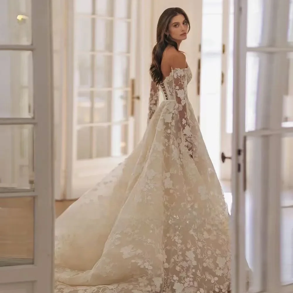 ที่กําหนดเองปิดไหล่ A-Line ชุดแต่งงานแขนยาว Sweetheart Vestido De Novia Charming ลูกไม้ Applique ชุดเจ้าสาว