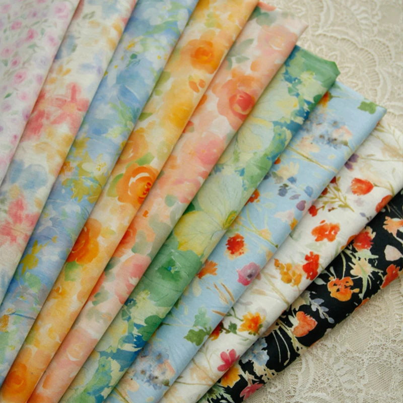 1m Watercolor Oil Painting Floral Prints Fabric Digital Printed Thin Cotton Fabric for Summer Dress Apparel DIY Sewing