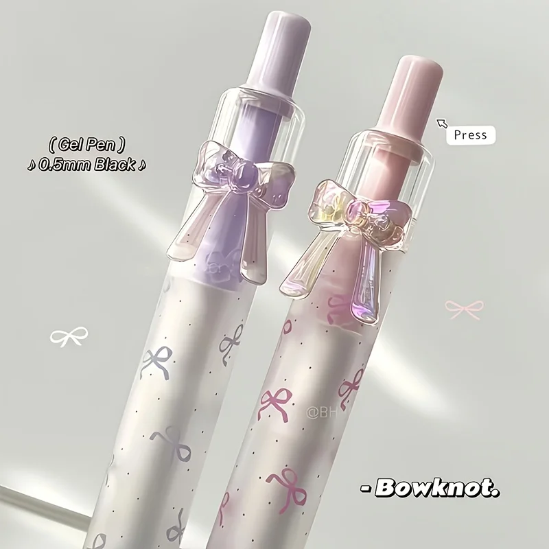 3D Lucky Knot Ballpoint Pen, Retractable, 0.5mm Black Quick-Dry Ink, Macaron Light Color Series, Girly Style, Set of 2, Student Journal Writing Stationery