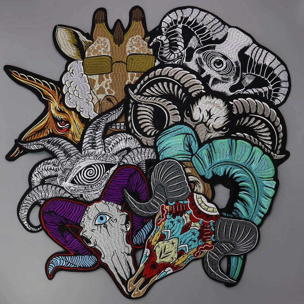 Parches bordados de cabra con cabeza de oveja grande para planchar en tela, apliques adhesivos, insignia para camisetas, ropa, costura decorada A63