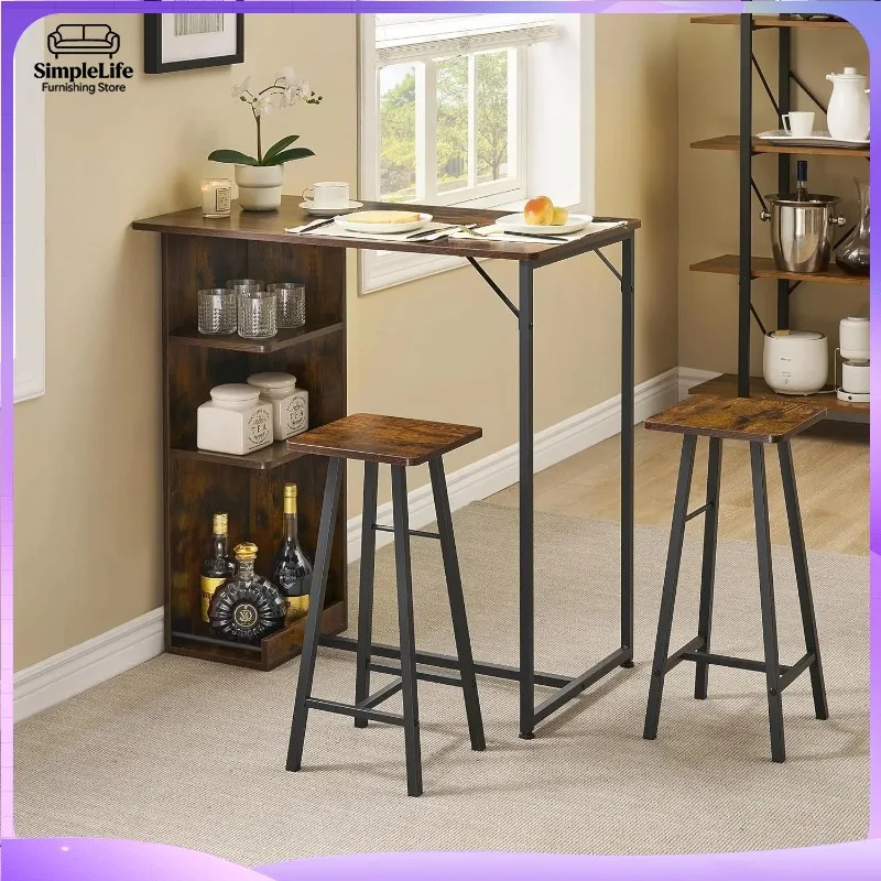 3 Piece Nordic Style Bar Table Set for 2 People Space Saving Small Apartment Table with 3 Tier Storage Shelves Kitchen Living