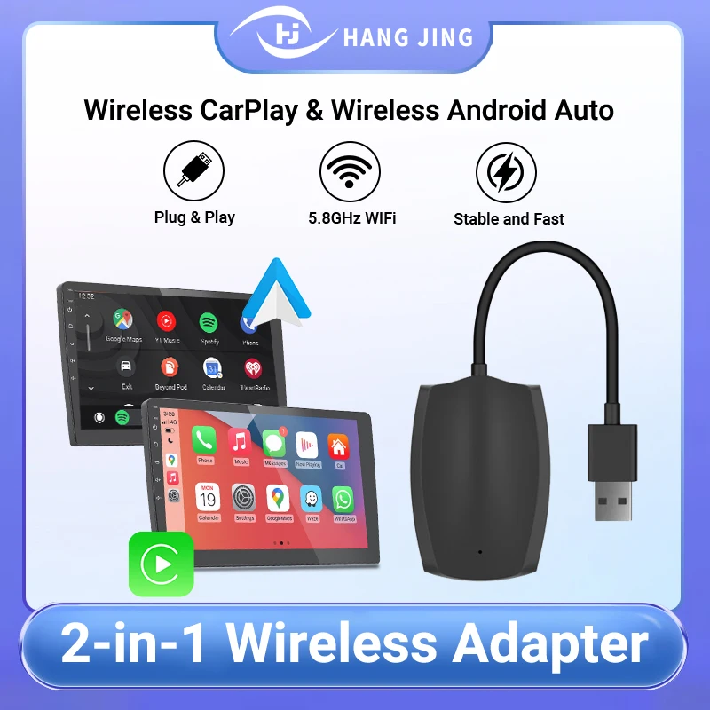 HANG JING Wireless Carplay and Android Auto Adapter Smart Mini Box Plug And Play 2in1 Auto Connect For Volvo Benz Toyota Kia VW