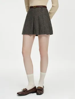 FSLE-Mini jupe plissée asymétrique taille haute pour femme, 55.1% laine, marron, tempérament, mélange de laine, jupes d'hiver pour femme, 24FS14480