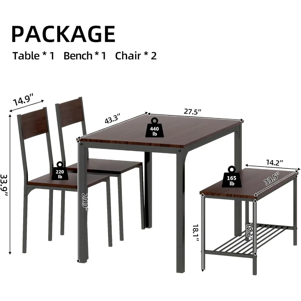 Dining Table Set for 4,with Bench and 2 Chairs, for Breakfast Nook, Dinette, Kitchen and Dining Room, Dark Walnut