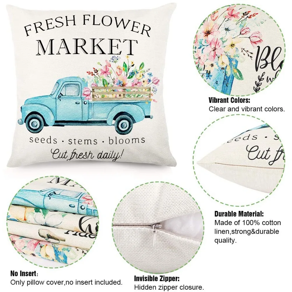 AT84-Spring Pillow Covers 18X18inch Throw Pillow Case Set Of 4, Farmhouse Cushion Case Home Decor