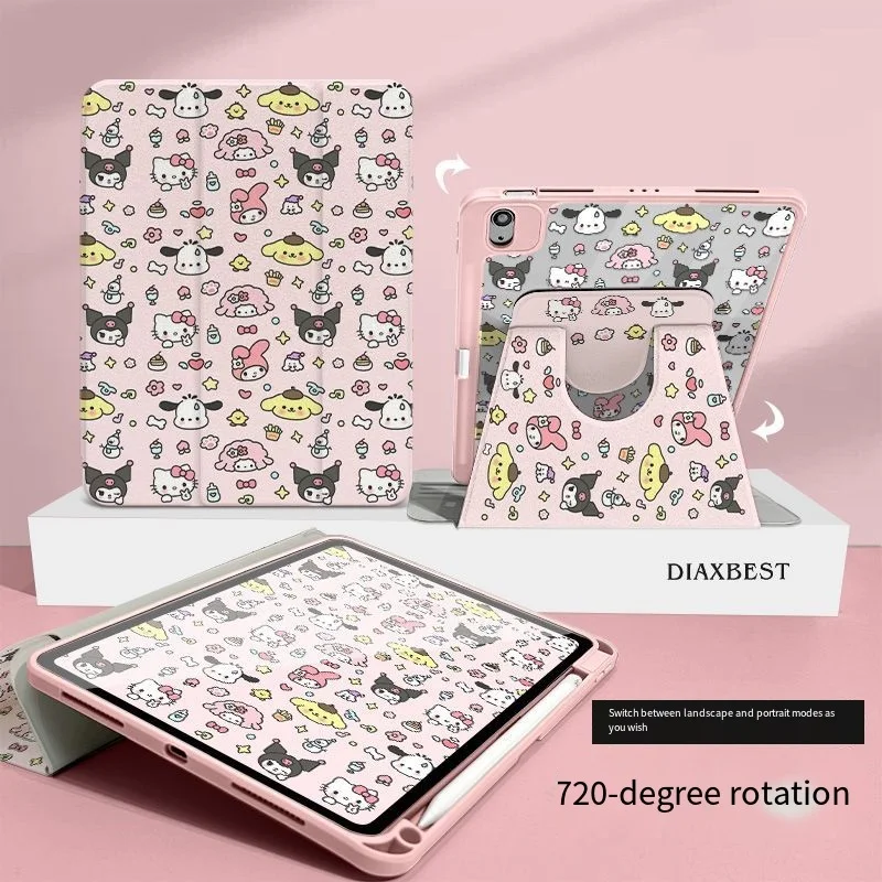 

Sanrios Cute Kuromi Ipad Air7 Tablet Shell New All Inclusive Cartoon Desktop Rotating Flip Print Fashion Student Tablet Shell