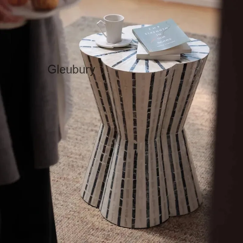 Boho Striped Mosaic Inlay Hourglass Side Table, Handcrafted Scalloped Edge Accent Table for Living Room & Bedroom