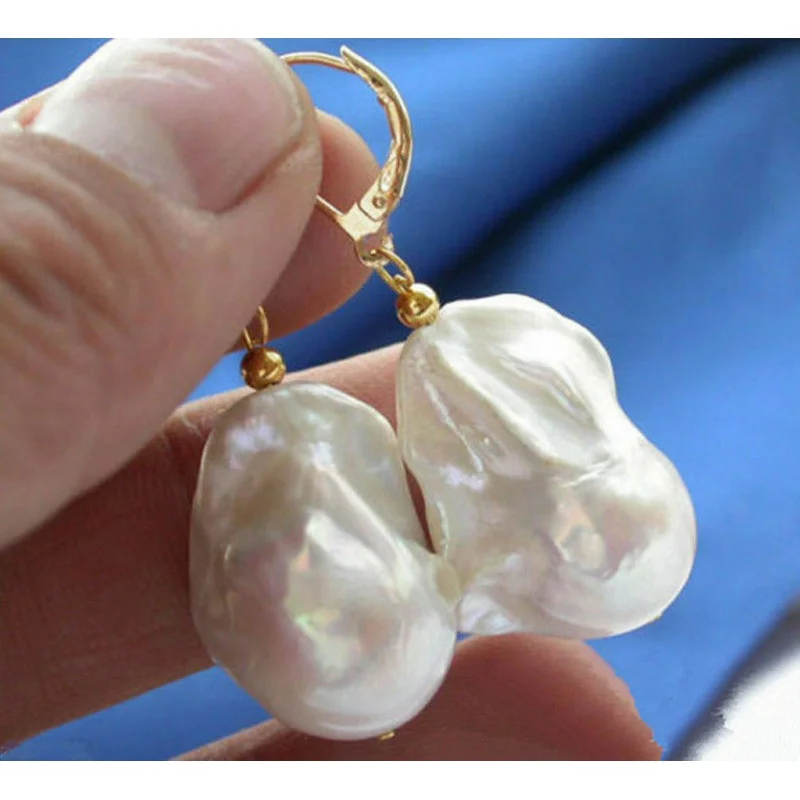 

REAL HUGE 15X20MM SOUTH SEA WHITE BAROQUE KESHI PEARL DANGLE EARRING