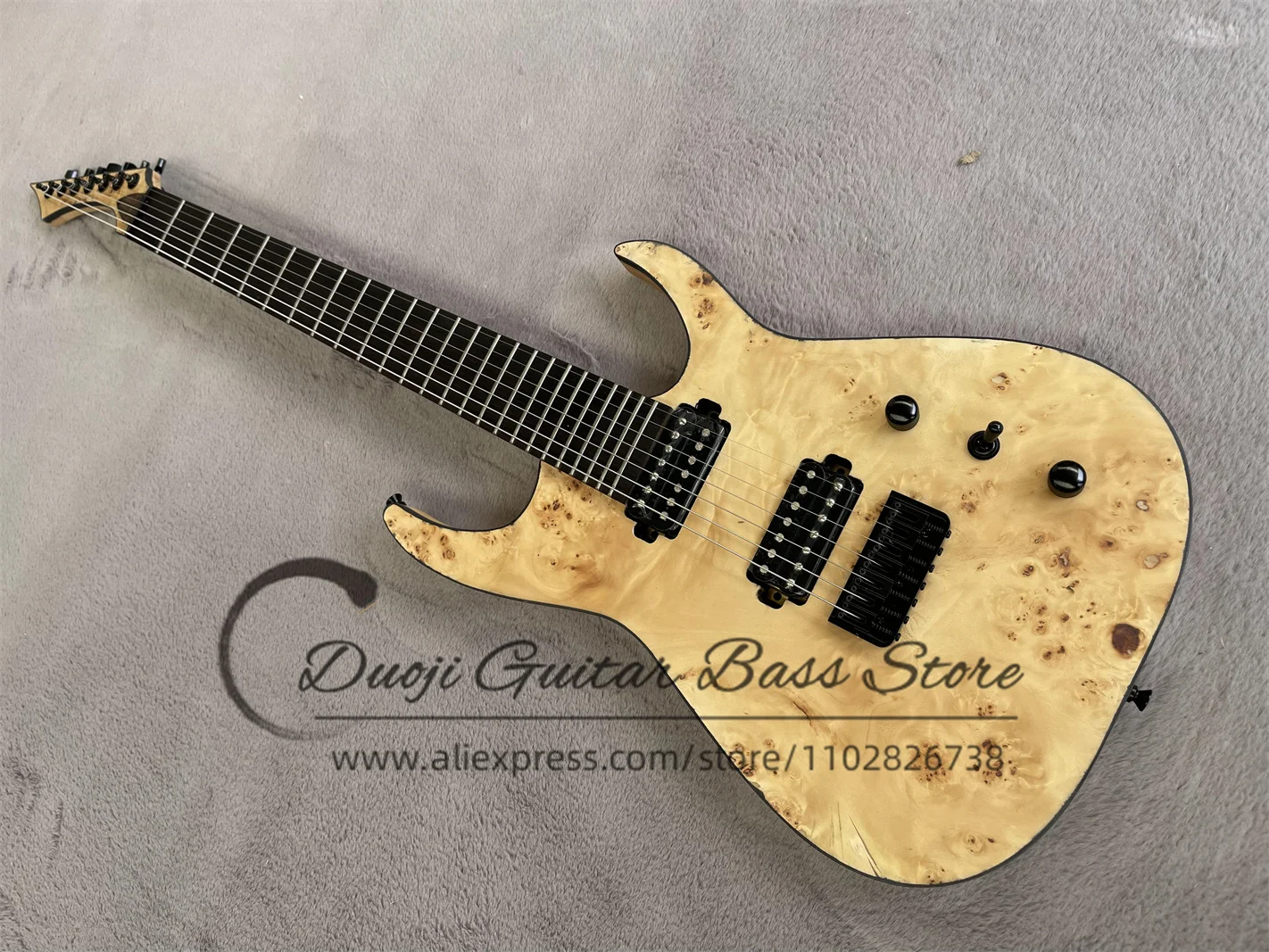 

7 String Guitar Ash Wood body Burl Maple Top Black binding Fixed Bridge black tuner Black Mach Guitar HH pickups