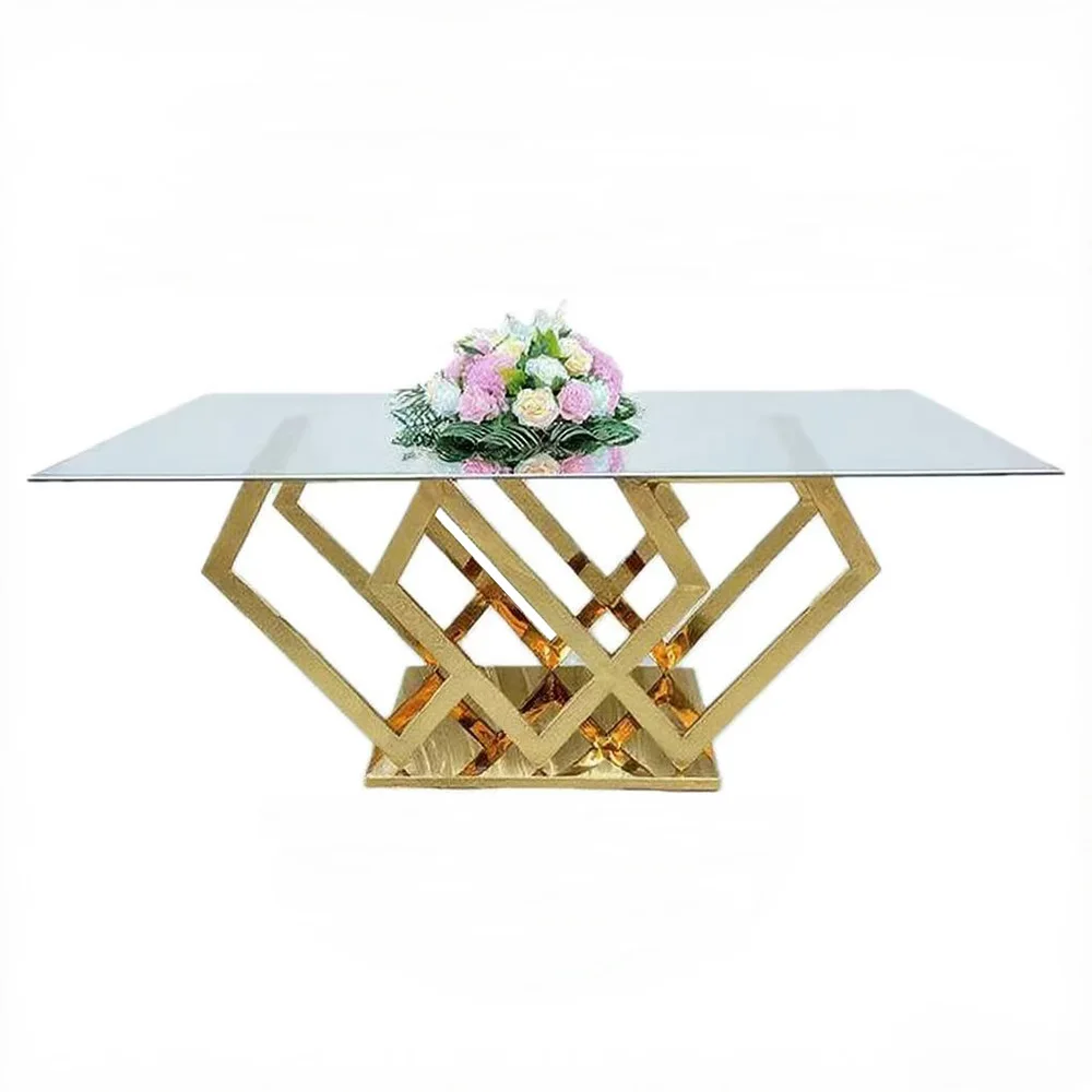 New Design Glass Wedding Table with Crystal Silver Metal Frame Banquet Dining Table for Event Decorative