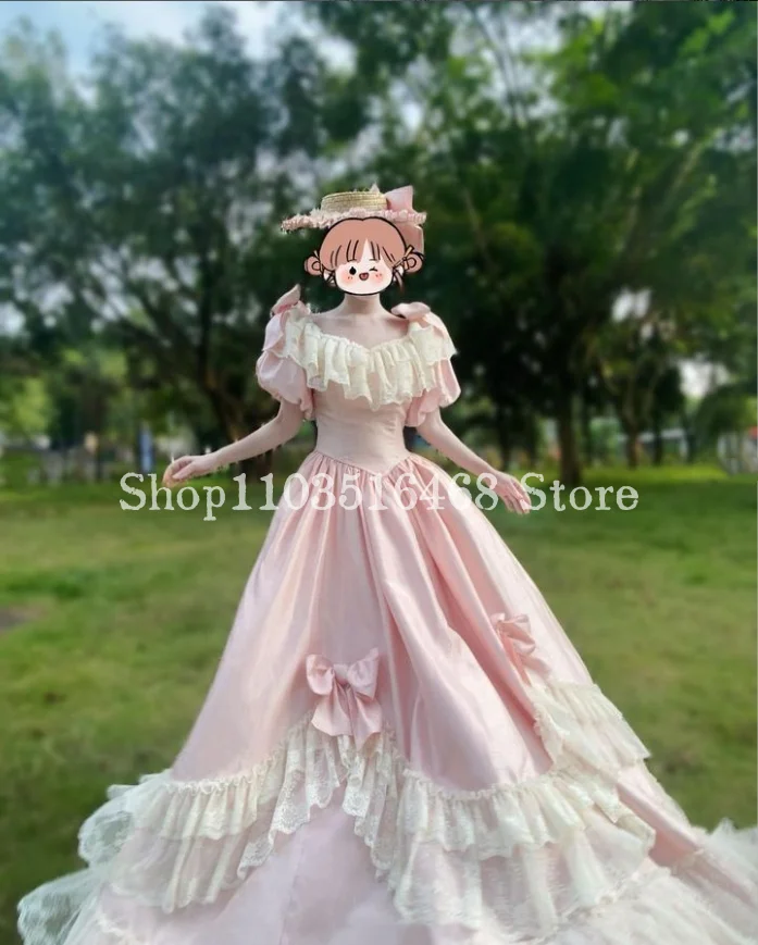 Historic Victorian Prom Dress Pink Round Neck Satin Lace Bow Appliqué Customisation Puffy Dress Masquerade فستان سهرة سعودية فخم