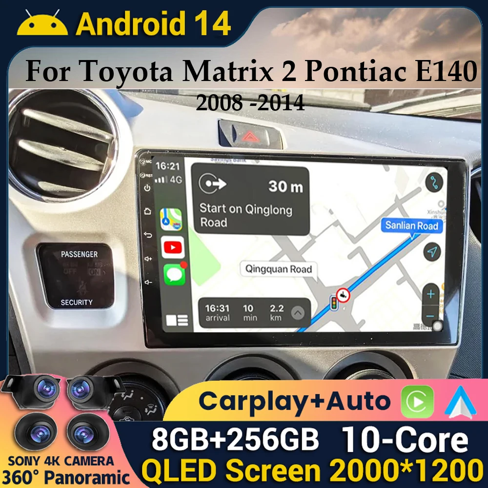 Android 14 Carplay Auto Car Radio For Toyota Matrix 2 E140 2008 2009 2010 2011 2012 2013 2014 Multimedia Player Navigation GPS