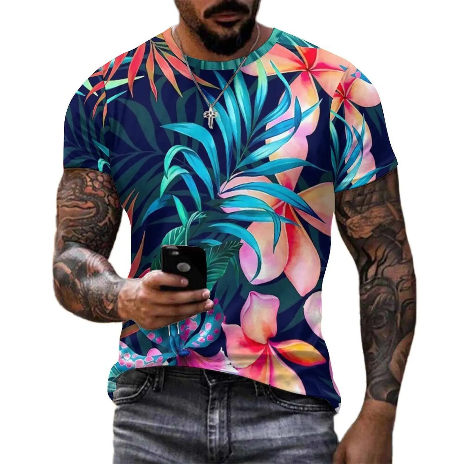 Plus Size T-Shirt Summer Tropical Floral T Shirts Deep Jungle Flowers Y2K Fun O-Neck Tee Shirt Men Cool Pattern Clothing