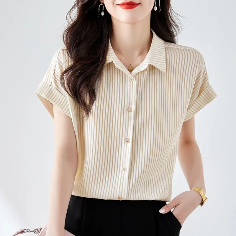 Office Lady Striped Casual Tops Turn-down Collar Ladies Simplicity Shirts Short Sleeve Blouses Summer Loose Women\'s Clothing