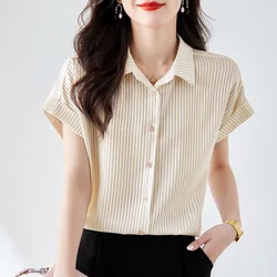 Office Lady Striped Casual Tops Turn-down Collar Ladies Simplicity Shirts Short Sleeve Blouses Summer Loose Women's Clothing