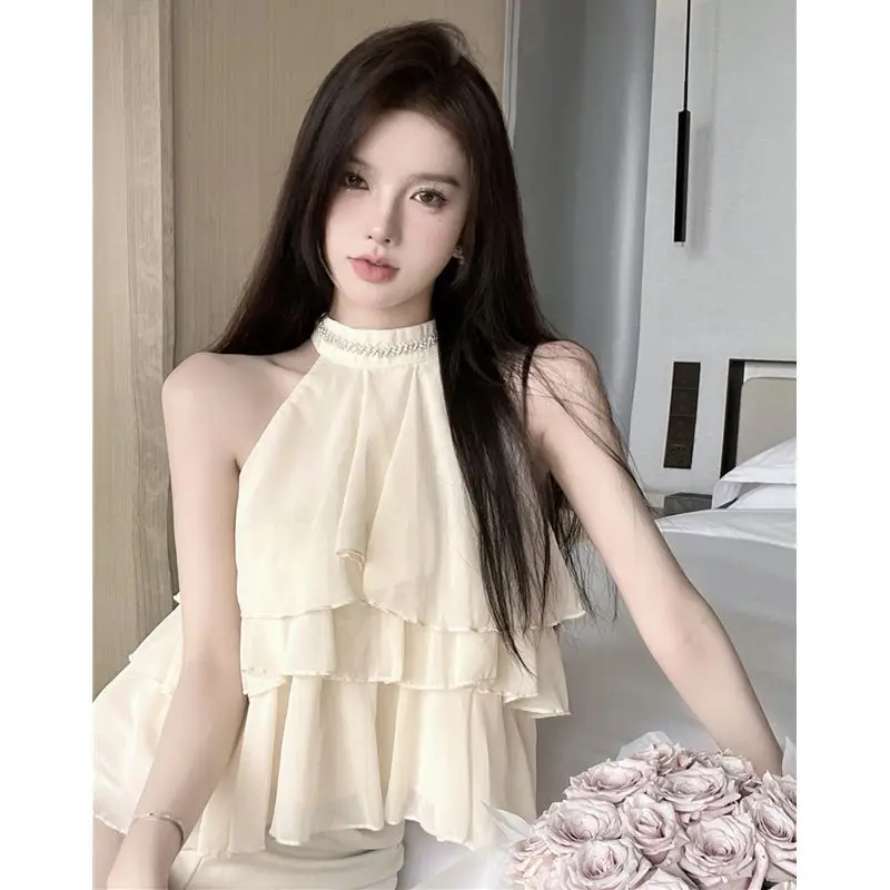 

Blouse Women Sweet Spicy Girl Sleeveless Loose Short Tops 2024 New Female Gentle Ruffled Design Irregular Chiffon Shirt Q567