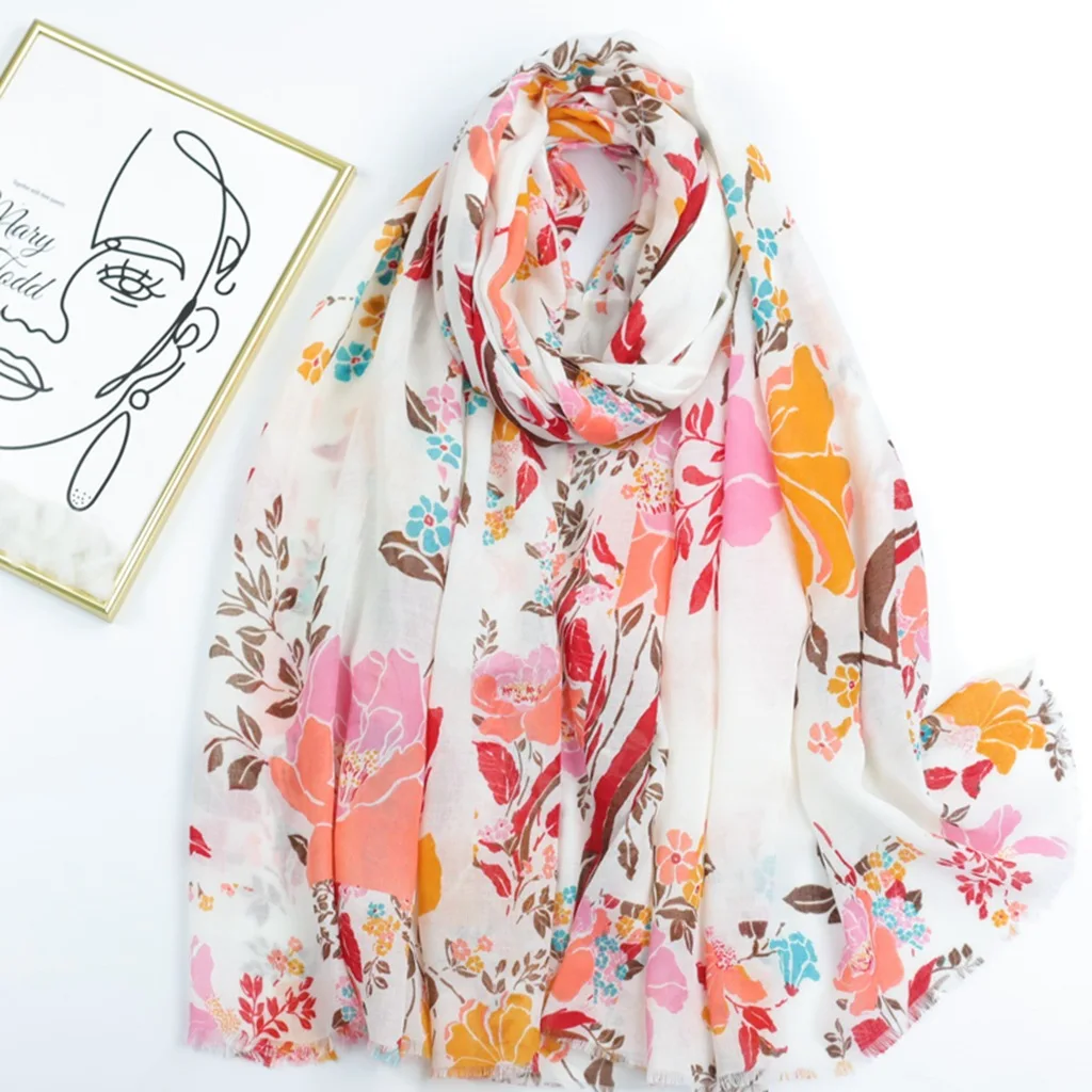 

2023 Spring Women Vintage Flower Pattern Fringe Shawls Scarf Cotton Floral Print Soft Wrap Hijab 5 Color Free Shipping