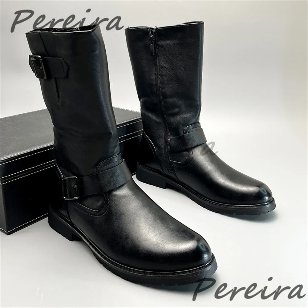 النمط البريطاني حزام مشبك فارس أحذية للرجال جلد أسود الارتفاع زيادة أحذية طويلة جولة تو الجانب سستة دراجة نارية الأحذية