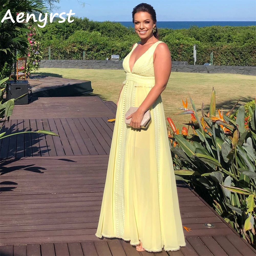 Aenyrst Yellow V Neck A Line Prom Dresses For Women Spaghetti Strap Chiffon Holiday Gowns Floor Length Dinner Party Dresses 2024