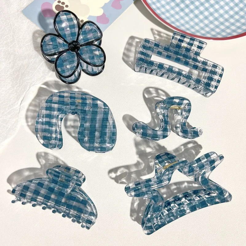 

2025 New Style Hair Accessories Fashionable Hair Accessories Blue Plaid Star Hair Clip Women Large Size Shark Clamp Hairclip