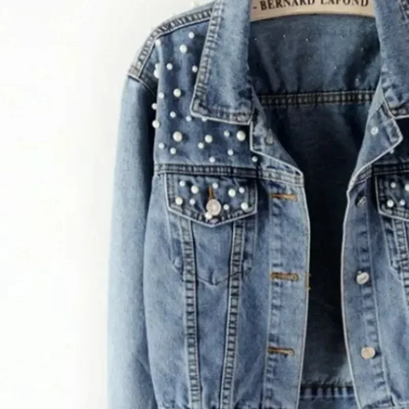 Spring and Autumn New Denim Jacket Fashion Casual Women's Jacket Women's Short Denim Jacket Beaded Pearl