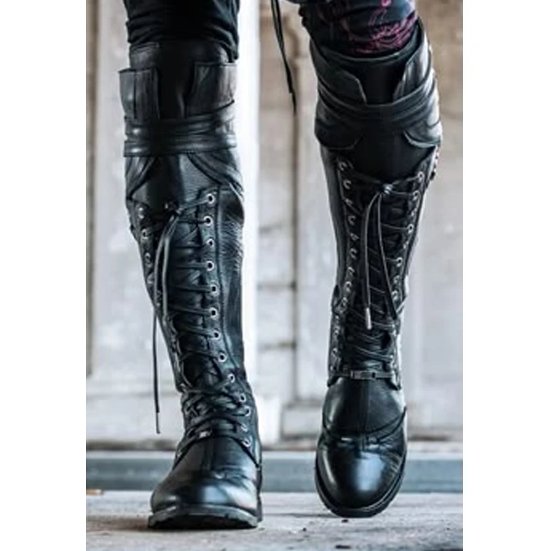 

Men's Black Lace Up Square-Heeled Knee High Boots Belt Buckle Knight Boots Flat Long Boots Plus Size Fashion Shoes for Men